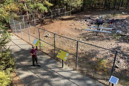 Mala GeoDrone 80 radar mounted on UGA drone at the Rock Hawk effigy mound. Dr. Sergio Bernardes is shown flying the syste, in November, 2024.